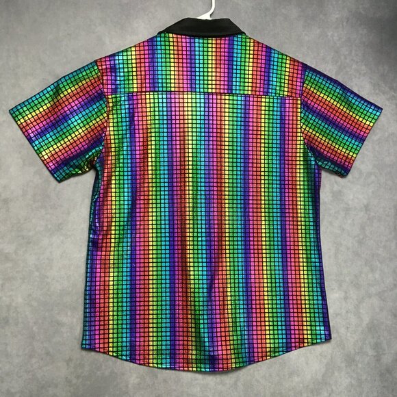 Jogal Mens Shimmer Rainbow Shirt size Large Button Up Short Sleeve Sequence - Picture 10 of 11
